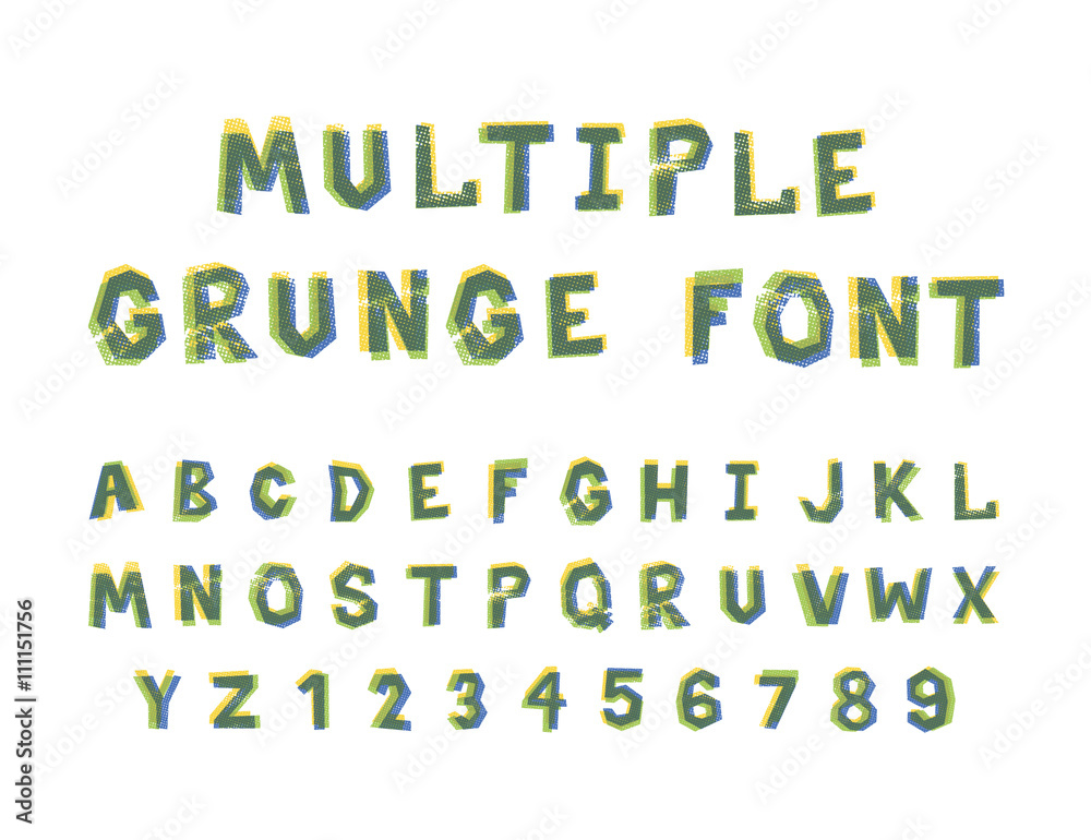 Multiple bright colors grunge font alphabet on white Multiple bright colors grunge font alphabet on white