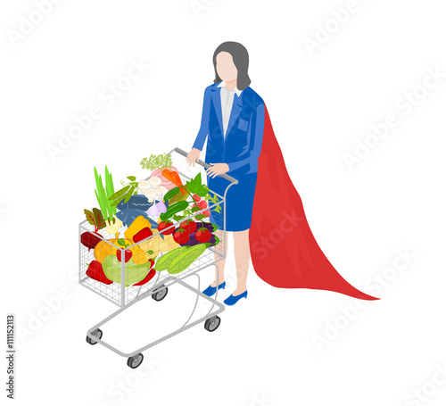 Girl superhero shopping at the supermarket. In the hands of the superwoman cart of vegetables.