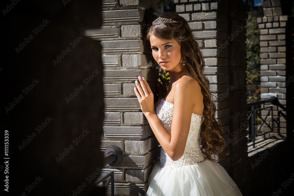 Smiling bride on background of old building with columns, close-up Smiling bride on background of old building with columns, close-up