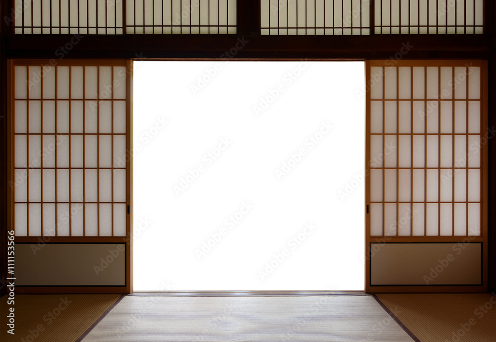 Rolgordijnen Traditionele Japanse deuren van hout en rijstpapier en vloeren  van tatamimatten - Nikkel-Art.be