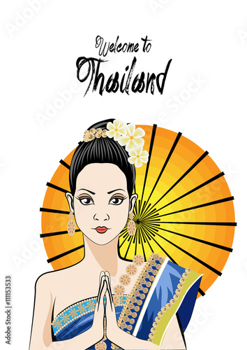 Young woman wearing typical thai dress , identity culture of thailand.