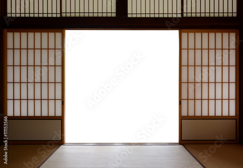 Traditional Japanese wood and rice paper doors and tatami mat flooring