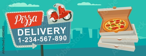 Retro night sign with an arrow.  Delivery pizza on red moped.