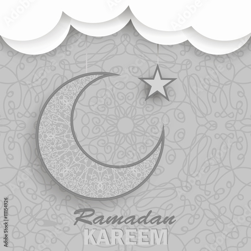 Ramadan Greetings Background. Ramadan Kareem Means Ramadan the Generous Month. Ramadan Greeting Card. Yellow Moon and Yellow Star on Grey Ornamental Background