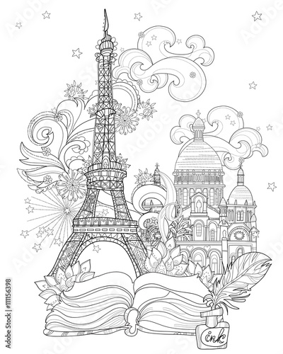 Zen art stylized Eiffel tower vector doodle.