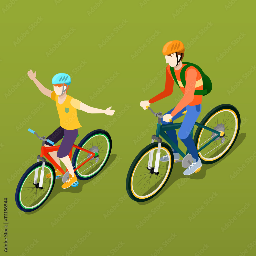 Naklejka premium Isometric People. Isometric Bicycle. Father and Son Cyclist. Vector illustration