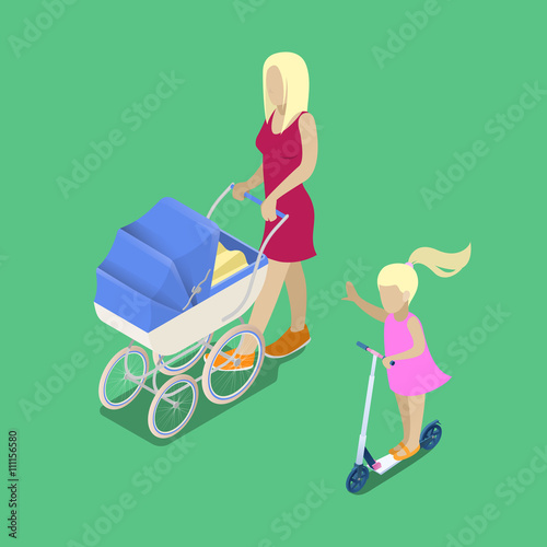 Isometric People. Young Mother with Babby Carriage. Girl on the Scooter