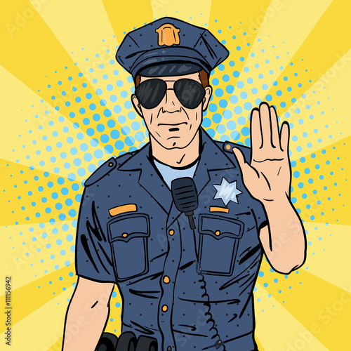 Cool Policeman. Serious Police Officer. Pop Art. Vector illustration
