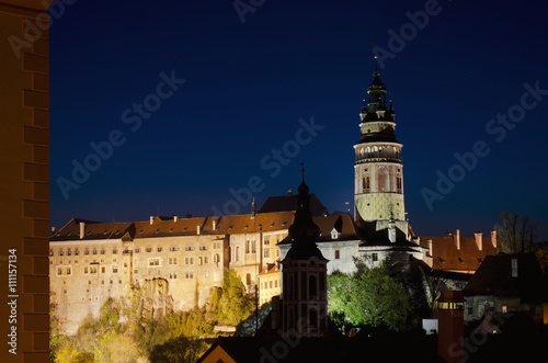 Night view of castle tower in Cesky Krumlov. Czech republic landmark  UNESCO World Heritage Site.