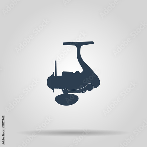 The isolated silhouettes of fishing reels spinning on a white background.