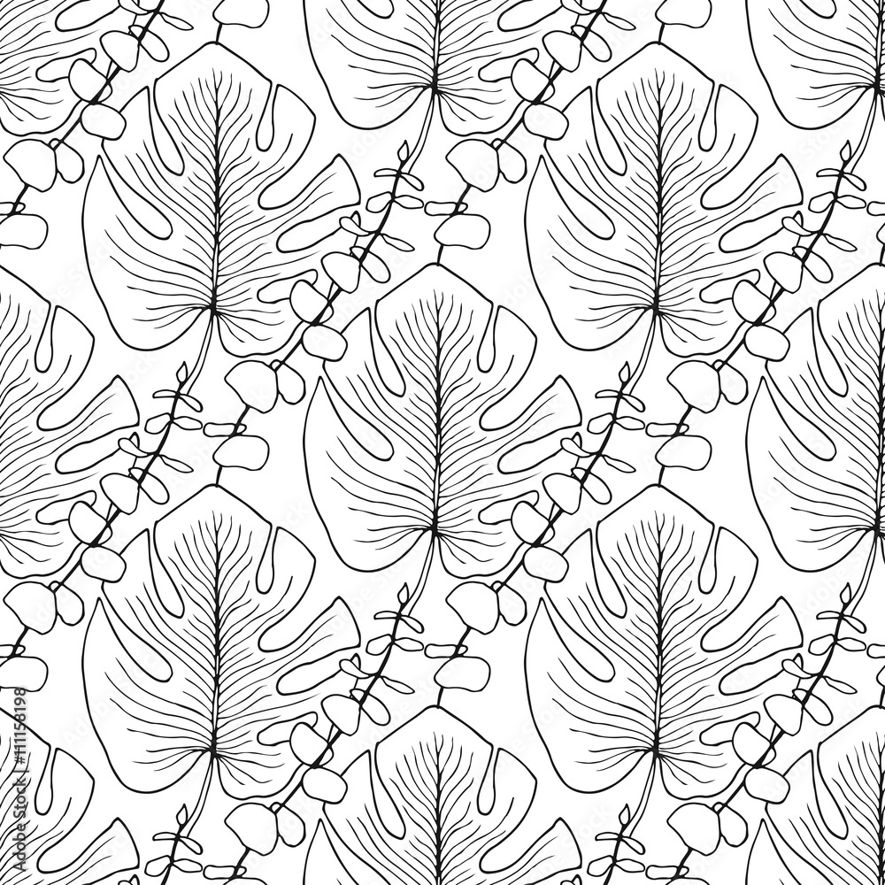 Tropical leaves vector pattern. Vector seamless pattern for adult coloring book page or interior summer print design