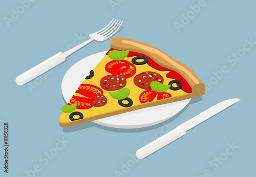 Piece of Pizza isometrics. 3D Italian food on plate. Cutlery for