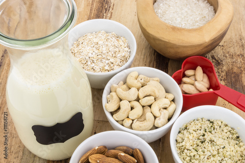 Bottle of homemade plant based milk and bowls with ingredients, on wooden background