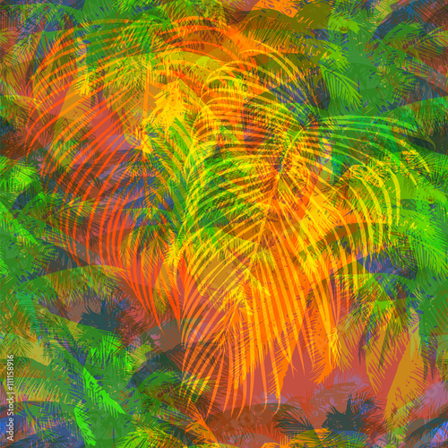   tropical pattern depicting pink and purple palm trees with  with yellow highlights reflections on a turquoise background in crazy colors