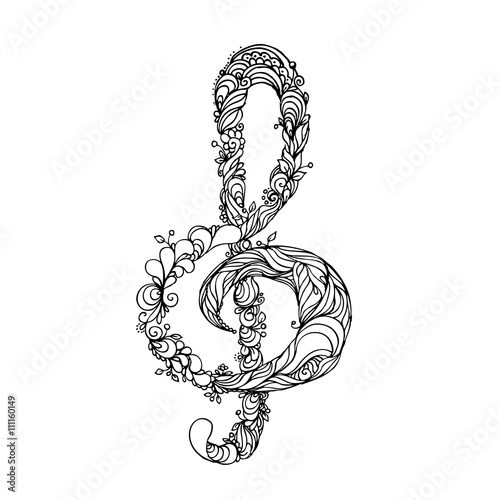 hand drawn ink doodle treble clef on white background. Coloring page - zendala, design for adults, poster, print, t-shirt, invitation, banners, flyers.