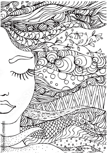 hand drawn ink doodle womans face and flowing hair on white background. Coloring page - zendala, design forr adults, poster, print, t-shirt, invitation, banners, flyers.