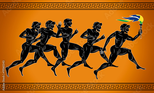 Black-figured runners with the torch in the colors of the Brazilian flag. Illustration in the ancient greek style. The concept of the sport games.