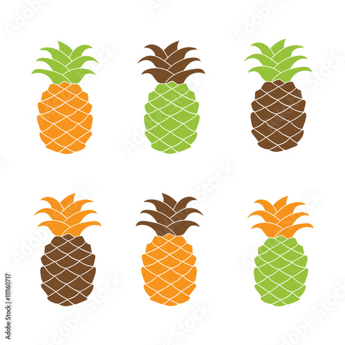 Pineapple icon set colorful flat design isolated on white background. Vector illustration. Green, brown and orange.