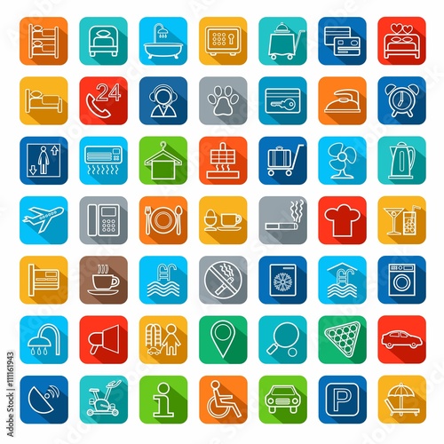 Hotel, hotel services, linear colored icons. Vector icons of hotel services. Linear white image on a colored background with a shadow. Flat style. 