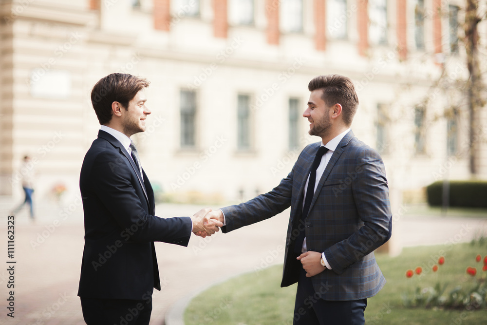 Two stylish businessmen shaking hands in suits Two stylish businessmen shaking hands in suits