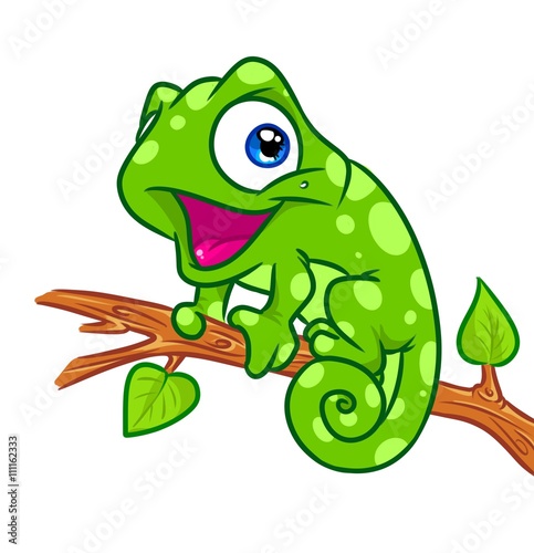 Cheerful chameleon tree branch cartoon illustration isolated image animal character