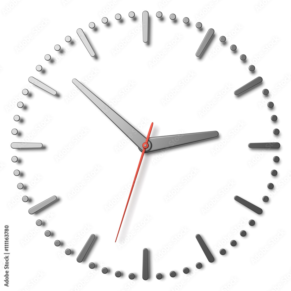 Simple clock face with metal hands and marks and red second hand Simple clock face with metal hands and marks and red second hand