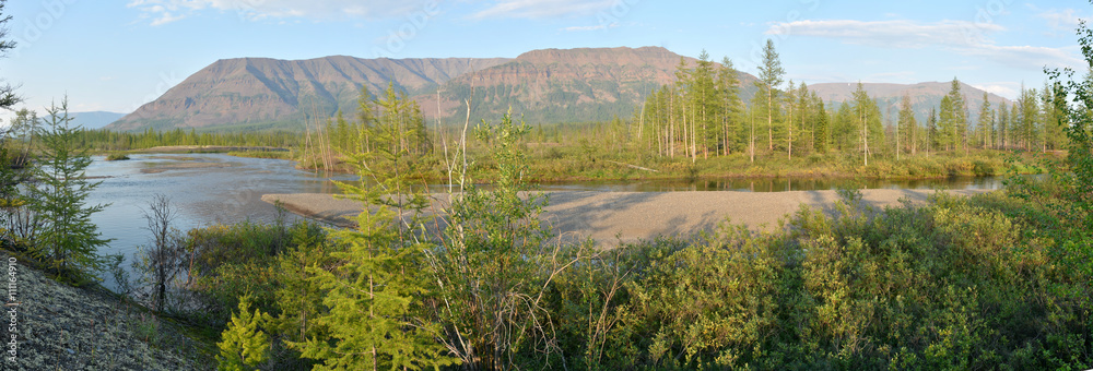 Panorama. The river on the Putorana plateau.