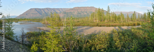 Panorama. The river on the Putorana plateau.