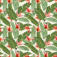 Seamless Pattern. Tropical Palm Leaves and Flowers Background. 