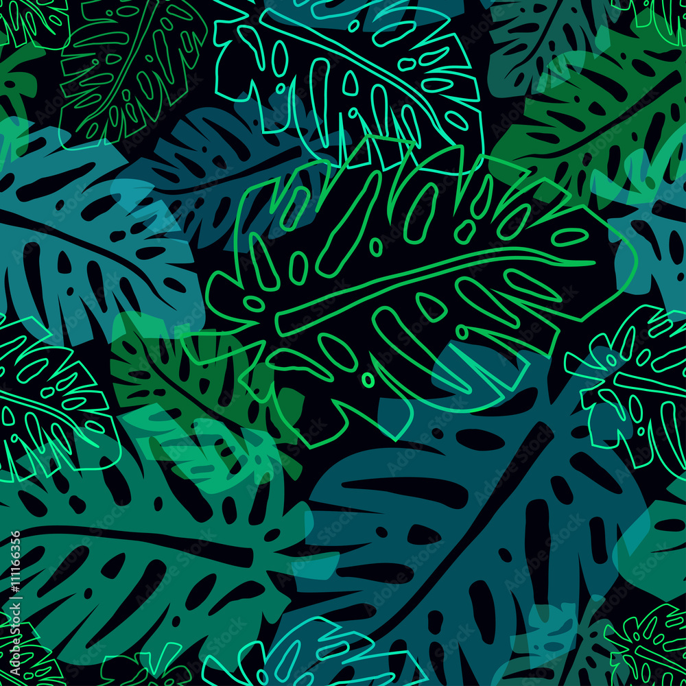 Naklejka premium dark pattern with neon palm leaves