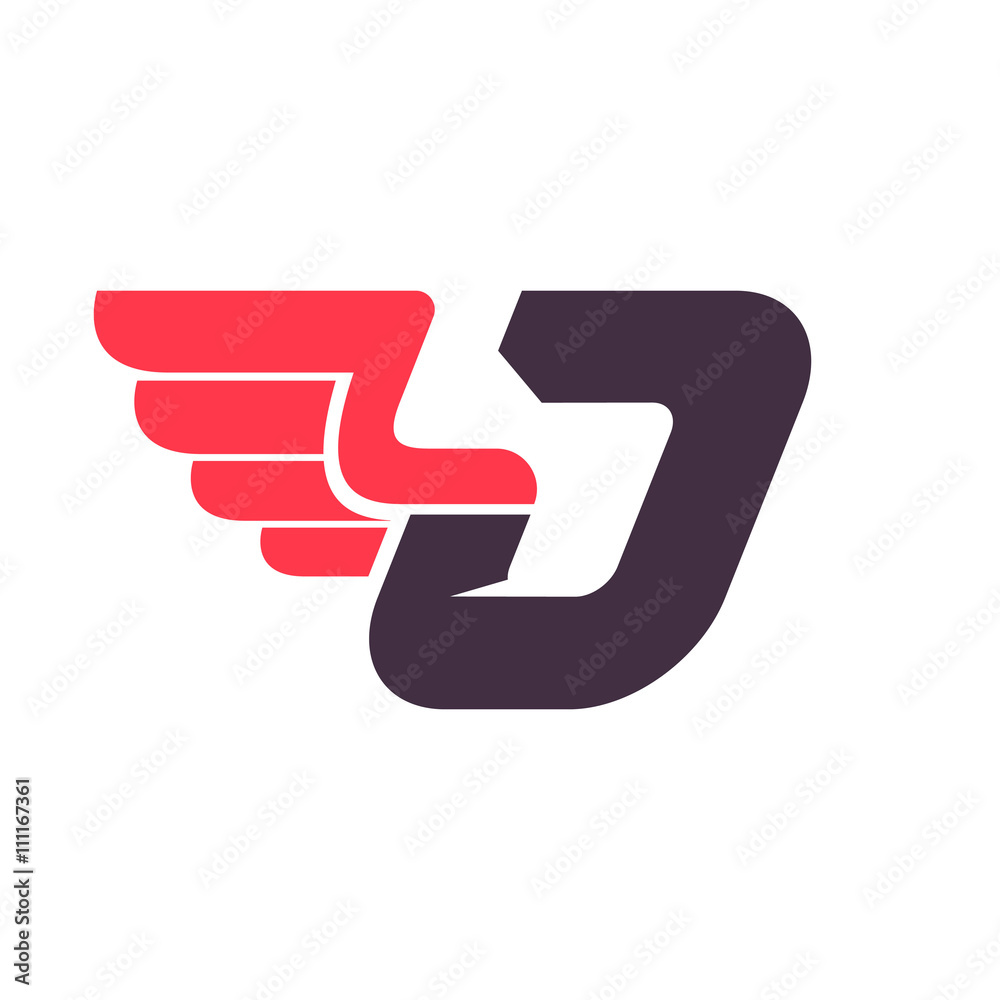 J letter with wing logo design template.