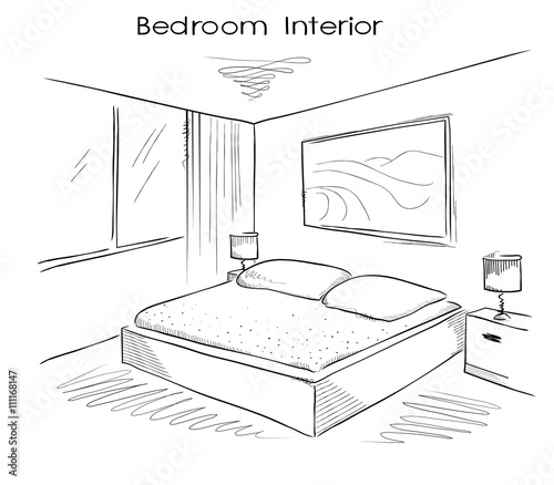 Sketchy illustration of bedroom interior.Vector hand drawing ima