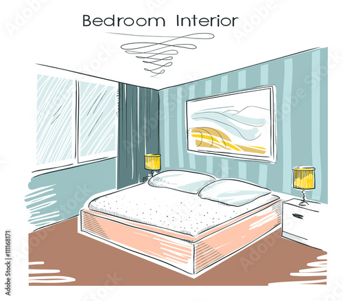 Sketchy color illustration of bedroom interior.Vector hand drawi