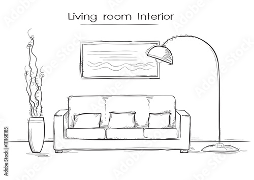 Sketchy illustration of living room interior.Vector hand drawing