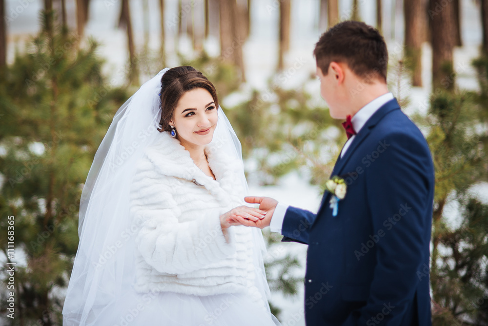 Happy bride and groom in winter day on their wedding Happy bride and groom in winter day on their wedding