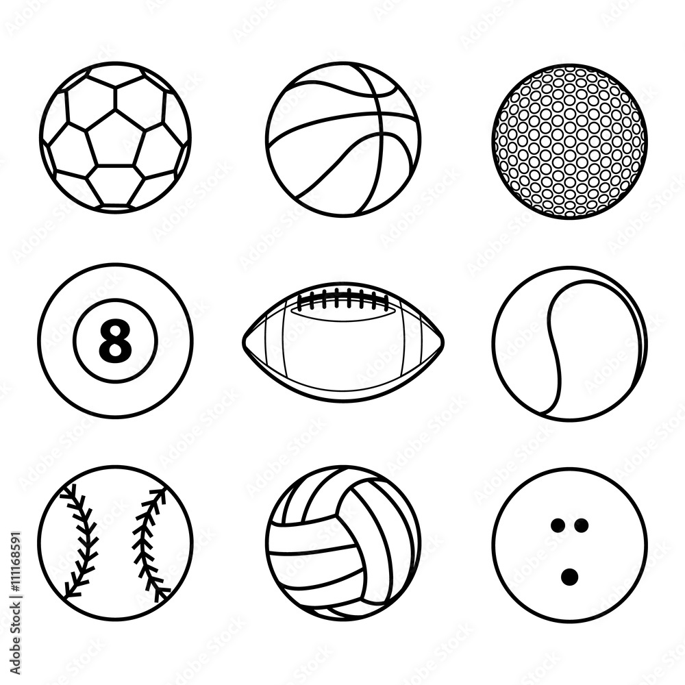 Collection of sport ball icon black outline vector illustration