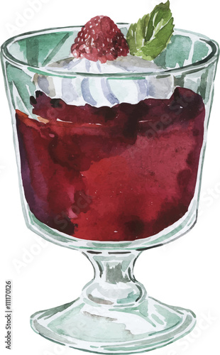 Glass of fruit dessert with fresh cream and raspberry drawn by watercolor. Hand drawn vector illustration.