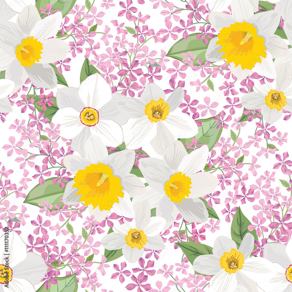 Floral seamless pattern. Flower bouquet background. Florursh white texture