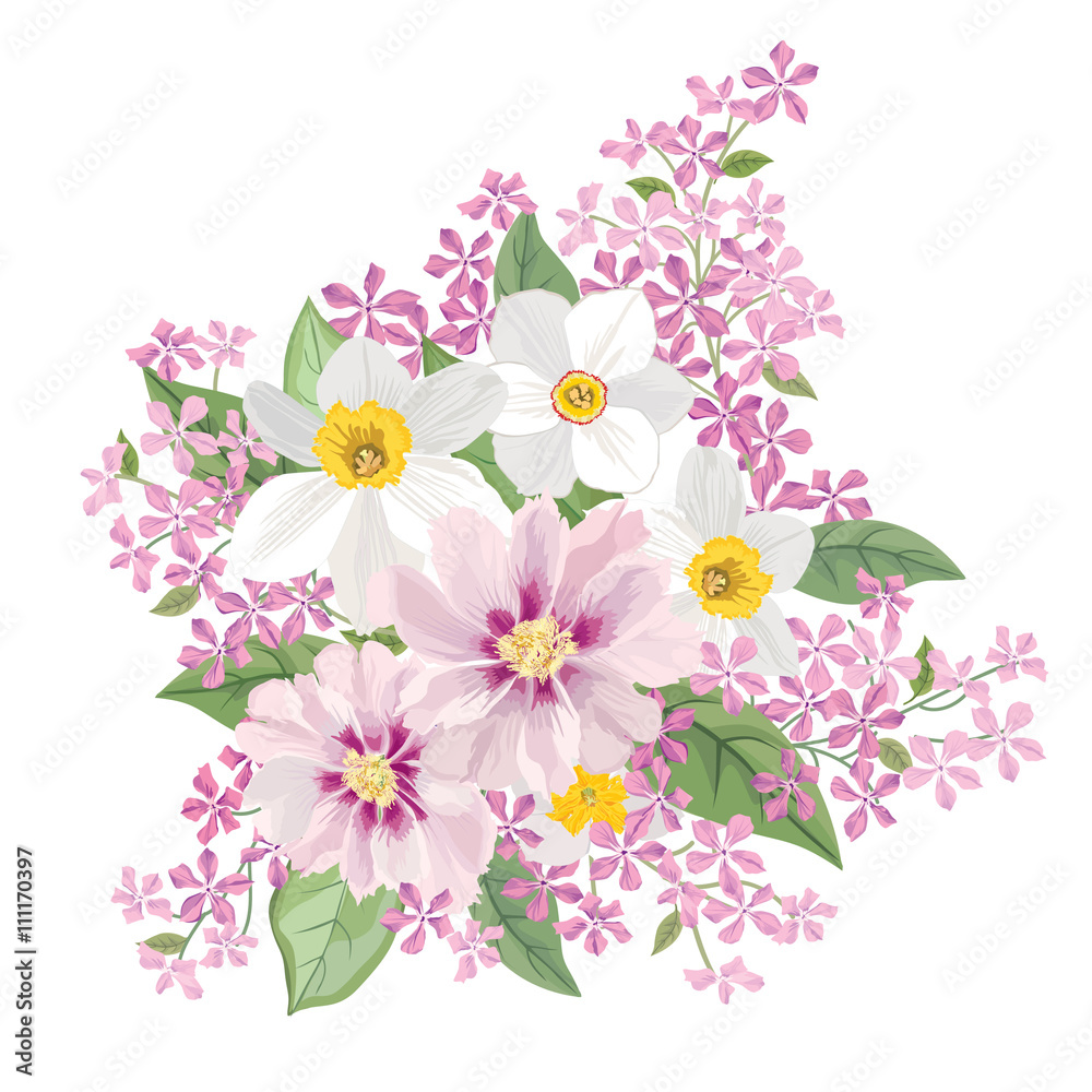 Flower bouquet isolated Floral frame Greeting card with blooming flowers