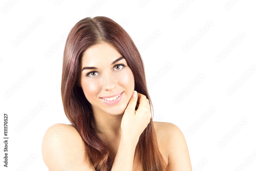 Happy smiling woman with straight red hair touching face. Skin care concept. Beauty woman. Happy smiling woman with straight red hair touching face. Skin care concept. Beauty woman.