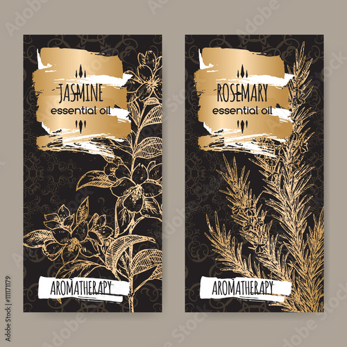 Two labels with jasmine and rosemary on black lace background. 