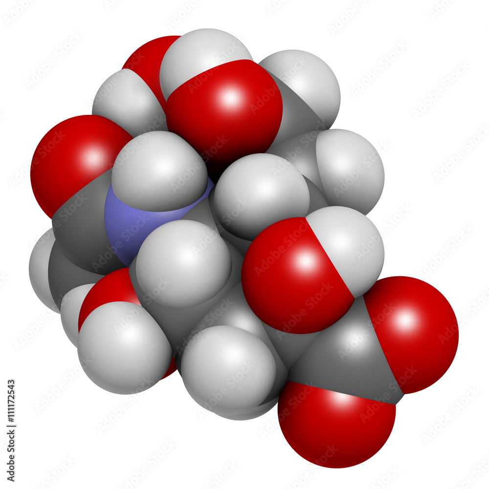 Sialic acid (N-acetylneuraminic acid, Neu5Ac, NANA) molecule. Sialic acid (N-acetylneuraminic acid, Neu5Ac, NANA) molecule.