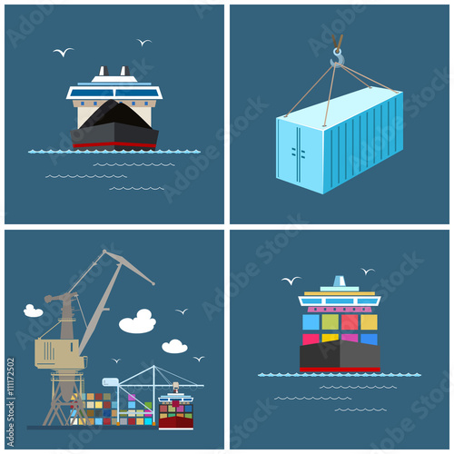 Cargo Icons, Container Ship, Dry Cargo Ship, Unloading Containers from a Cargo Ship in a Docks with Cargo Crane, Container, International Freight Transportation, Vector