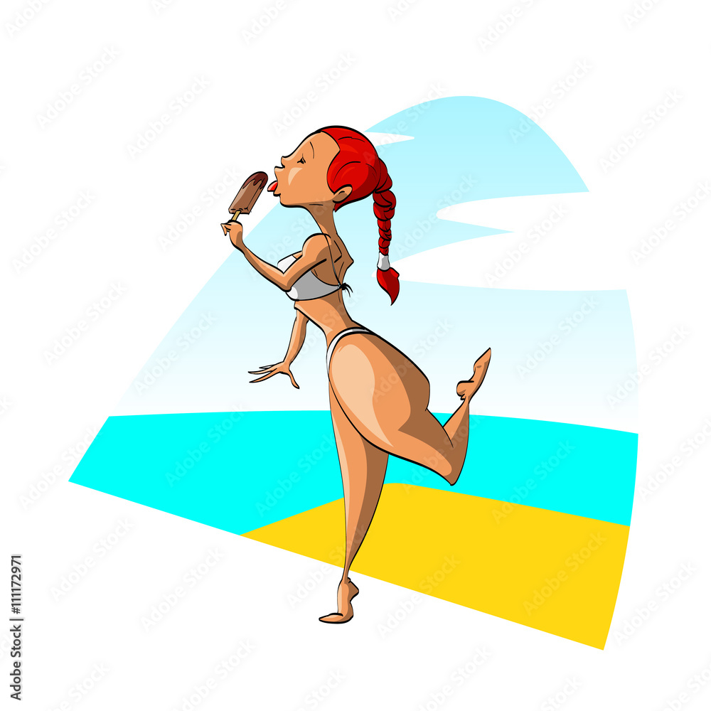 Colorful vector illustration of a cute girl with red hair on a fish bone, having chocolate ice cream on the beach.