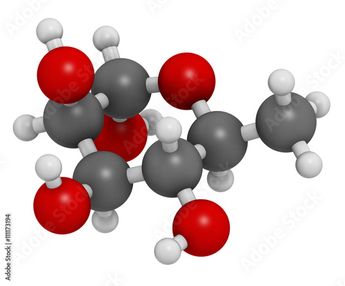 Rhamnose (L-rhamnose) deoxy sugar molecule. 3D rendering.   photo