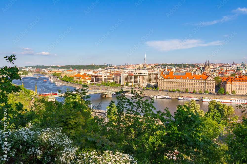 View of the Vltava River and the bridges shined with the sunset sun, Prague, the Czech Republic