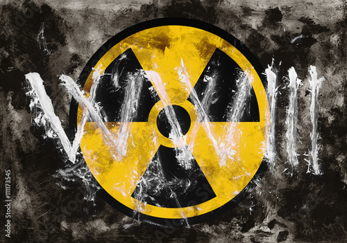 Text WW3 and symbol of radioactivity on dark grunge background. Metaphor of hypothetical worldwide military conflict and possible usage of nuclear weapons and total destruction  photo