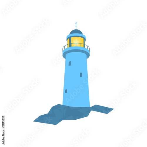 Lighthouse, Beacon Isolated on White, Lighthouse Stands on Rocks, Vector Illustration