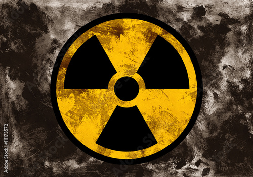 Symbol of radioactivit and radiation on dark grunge background. Dirty rough style and scratched material of post-apocalyptic time photo