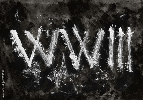 Text WW3 on dark grunge background. Metaphor of hypothetical worldwide military conflict and its negative consequences, total destruction 